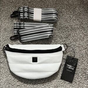 Think Royln White Bag with Black and Gray Striped Strap